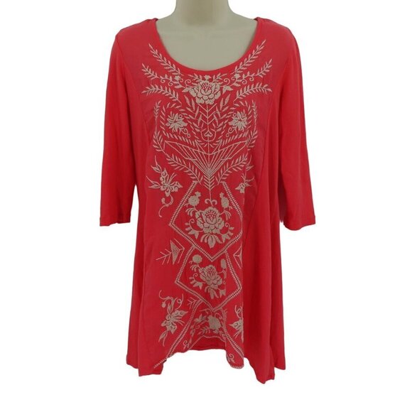 Johnny Was Tops - Johnny Was Womens Small Coral Pink Orange Embroidered Floral Tunic Shirt Top